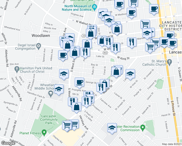 map of restaurants, bars, coffee shops, grocery stores, and more near 220 Ruby Street in Lancaster