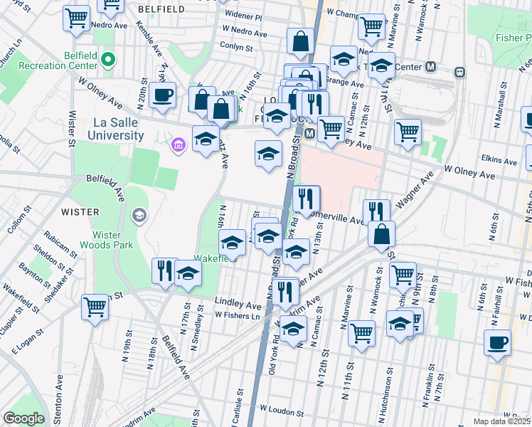 map of restaurants, bars, coffee shops, grocery stores, and more near 5346 North Carlisle Street in Philadelphia