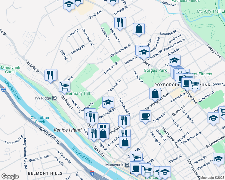 map of restaurants, bars, coffee shops, grocery stores, and more near 4794 Silverwood Street in Philadelphia