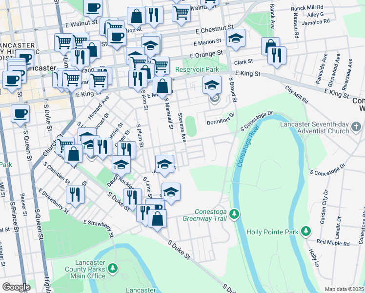 map of restaurants, bars, coffee shops, grocery stores, and more near 308 Stevens Avenue in Lancaster