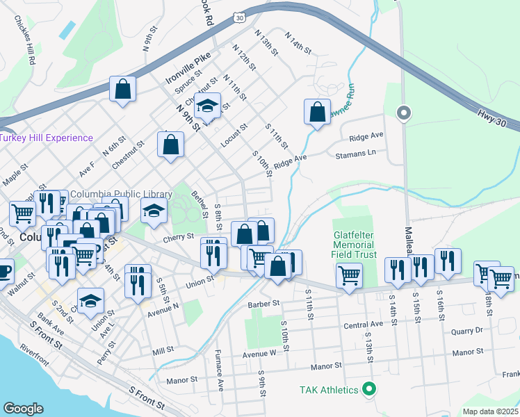 map of restaurants, bars, coffee shops, grocery stores, and more near 927 Blunston Street in Columbia