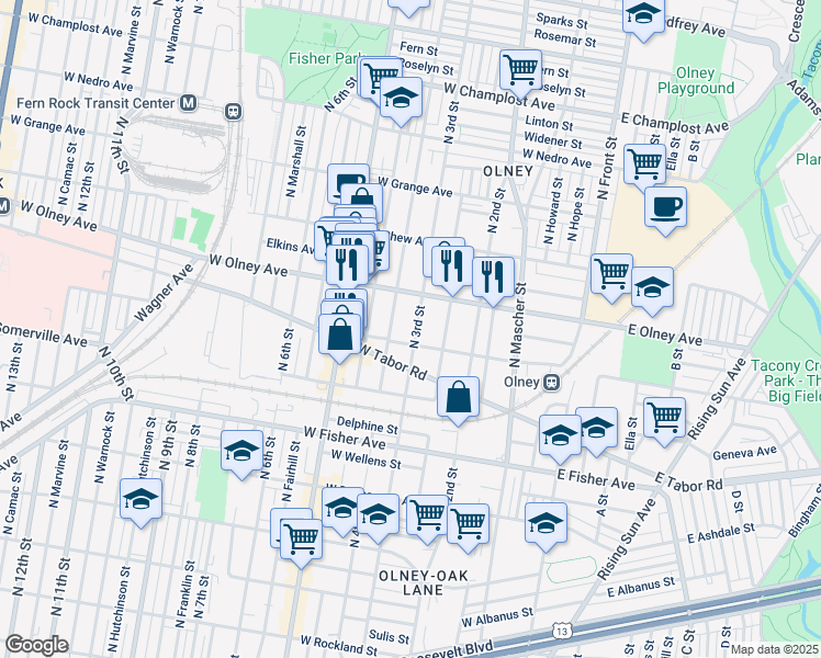 map of restaurants, bars, coffee shops, grocery stores, and more near 5516 North 3rd Street in Philadelphia