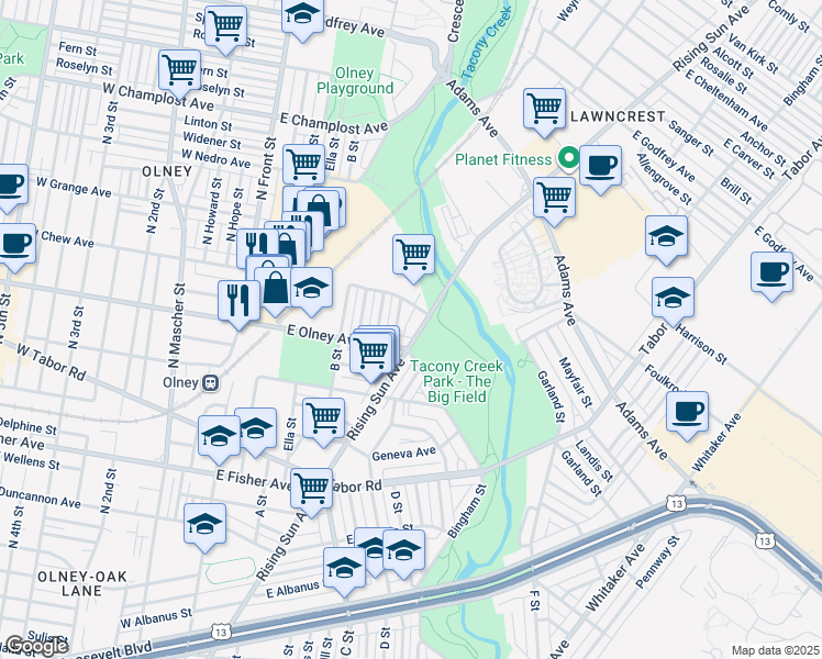 map of restaurants, bars, coffee shops, grocery stores, and more near 5620 Rising Sun Avenue in Philadelphia