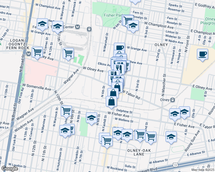 map of restaurants, bars, coffee shops, grocery stores, and more near 520 West Tabor Road in Philadelphia