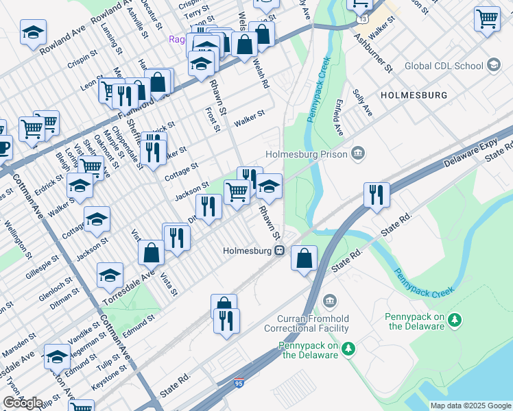 map of restaurants, bars, coffee shops, grocery stores, and more near 4700 Rhawn Street in Philadelphia