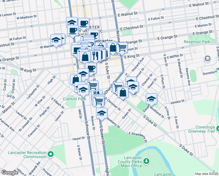 map of restaurants, bars, coffee shops, grocery stores, and more near East Farnum Street in Lancaster