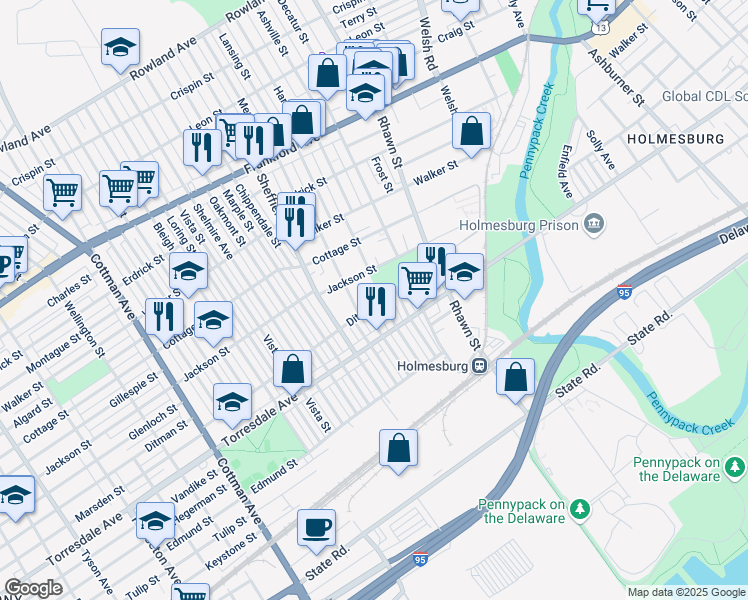 map of restaurants, bars, coffee shops, grocery stores, and more near 7768 Ditman Street in Philadelphia