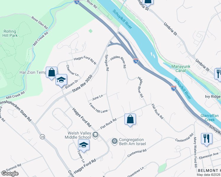 map of restaurants, bars, coffee shops, grocery stores, and more near 357 Sprague Road in Penn Valley