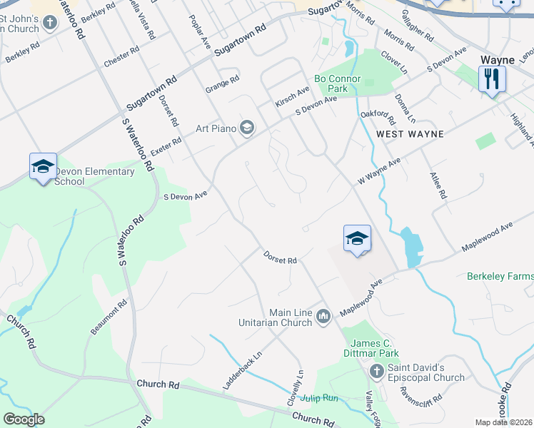 map of restaurants, bars, coffee shops, grocery stores, and more near 608 Longchamps Drive in Devon