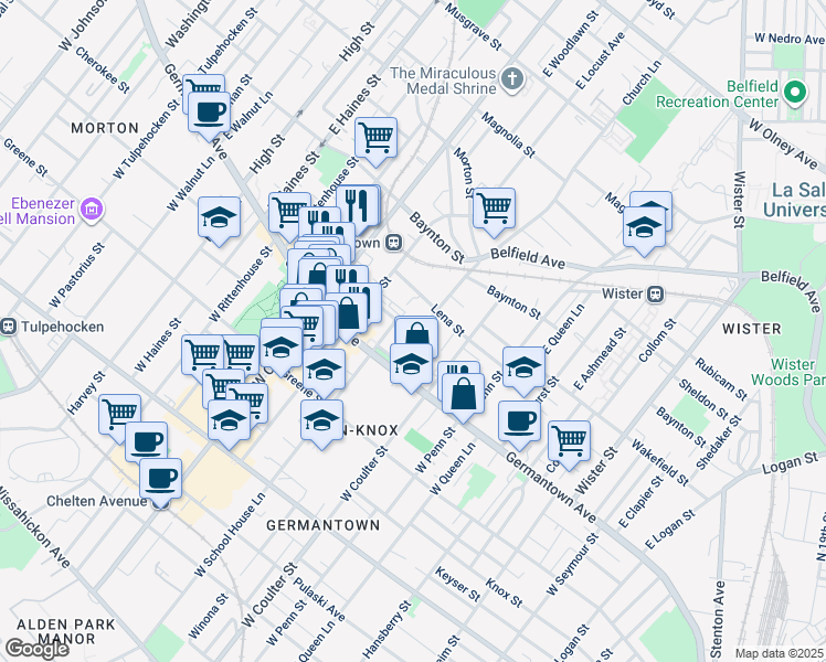 map of restaurants, bars, coffee shops, grocery stores, and more near 51 Church Lane in Philadelphia