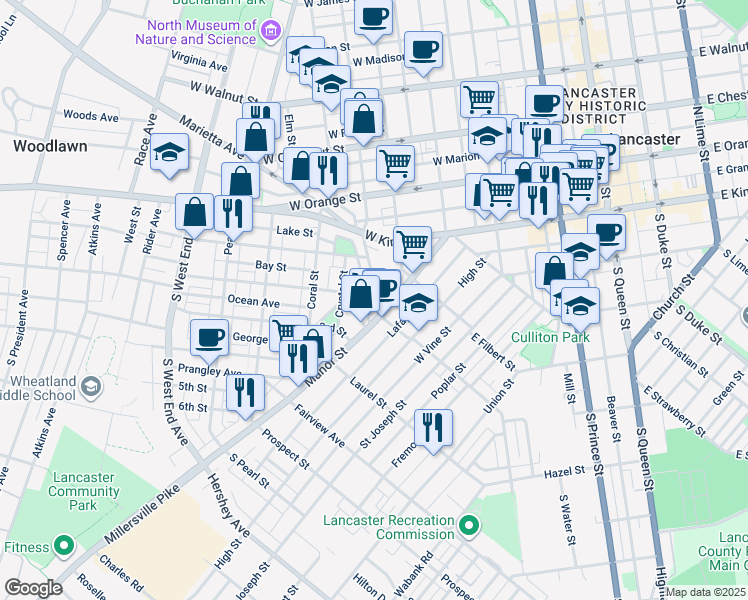 map of restaurants, bars, coffee shops, grocery stores, and more near 140 Old Dorwart Street in Lancaster