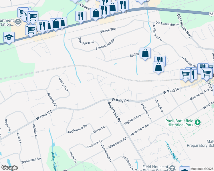map of restaurants, bars, coffee shops, grocery stores, and more near 39 Landmark Drive in Malvern