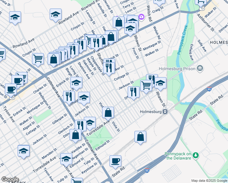 map of restaurants, bars, coffee shops, grocery stores, and more near 4504 Sheffield Avenue in Philadelphia