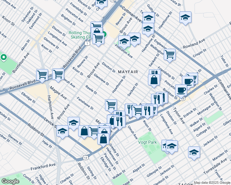 map of restaurants, bars, coffee shops, grocery stores, and more near 3104 Glenview Street in Philadelphia