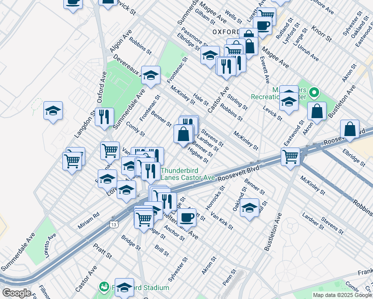 map of restaurants, bars, coffee shops, grocery stores, and more near 6043 Castor Avenue in Philadelphia