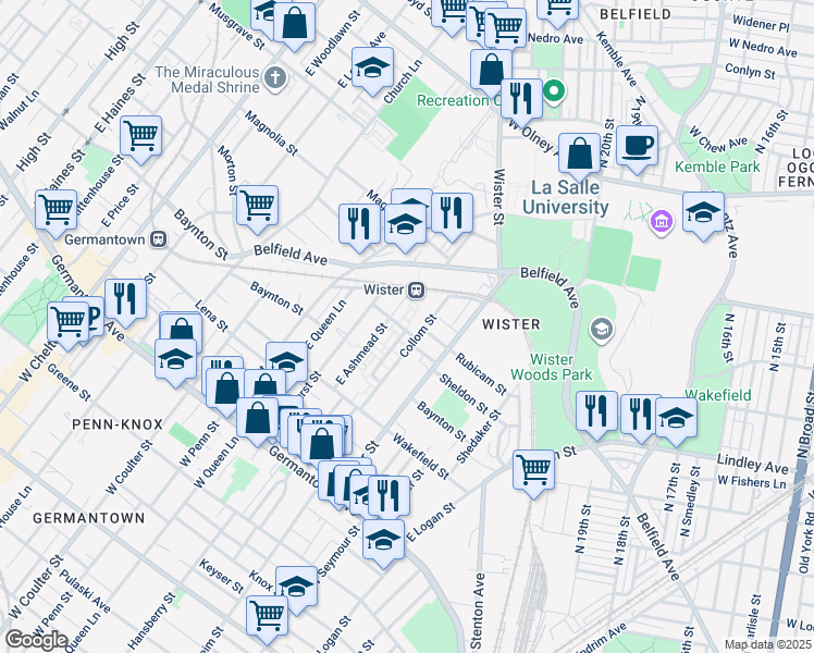 map of restaurants, bars, coffee shops, grocery stores, and more near 5183 Rubicam Street in Philadelphia