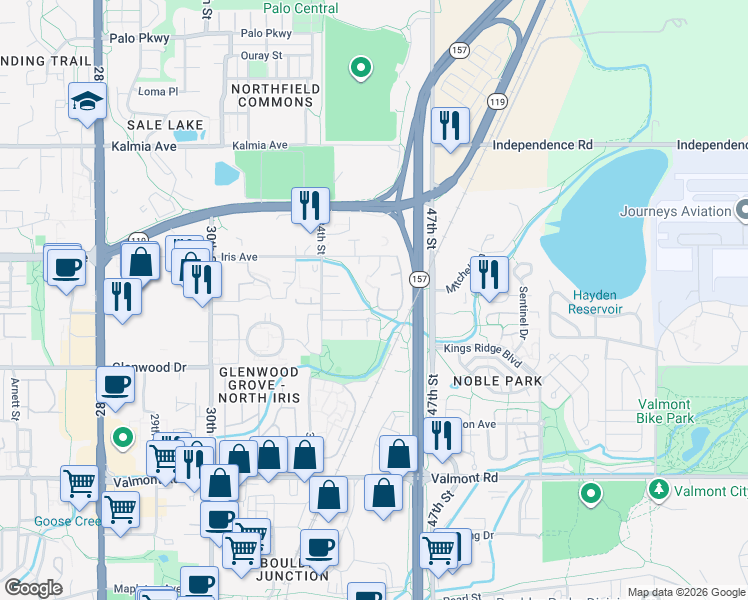 map of restaurants, bars, coffee shops, grocery stores, and more near 3707 Talisman Place in Boulder
