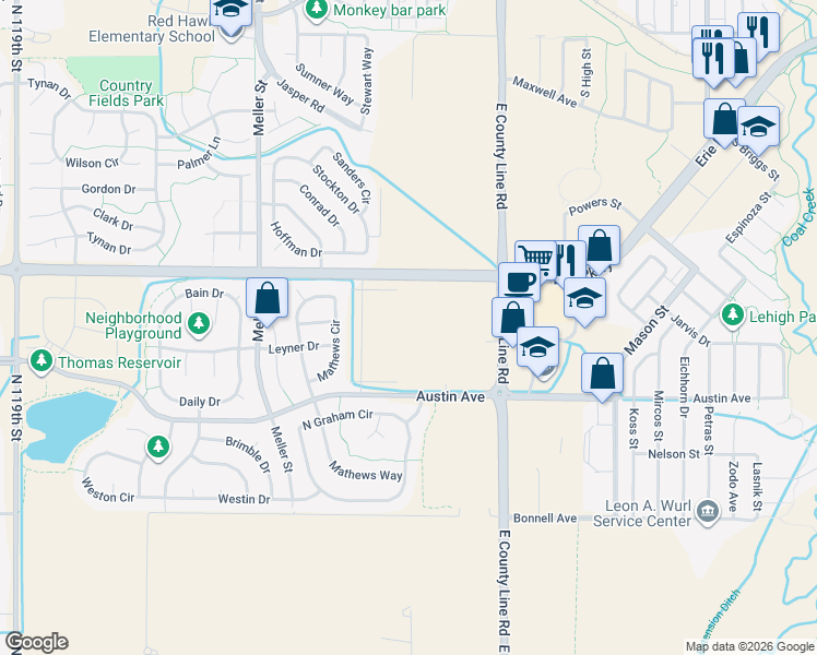 map of restaurants, bars, coffee shops, grocery stores, and more near 12664-12686 Erie Parkway in Erie