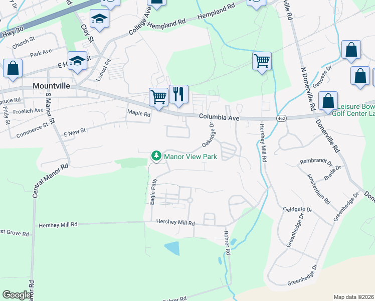 map of restaurants, bars, coffee shops, grocery stores, and more near 301 Oakridge Dr in Mountville