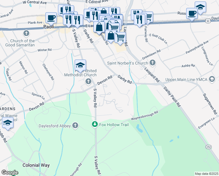 map of restaurants, bars, coffee shops, grocery stores, and more near 706 Weatherstone Drive in Paoli