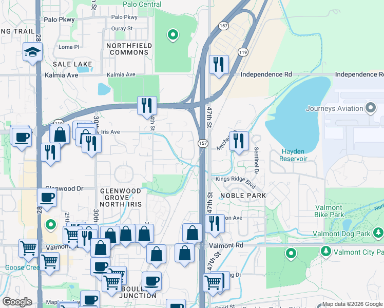 map of restaurants, bars, coffee shops, grocery stores, and more near 3315 Talisman Court in Boulder
