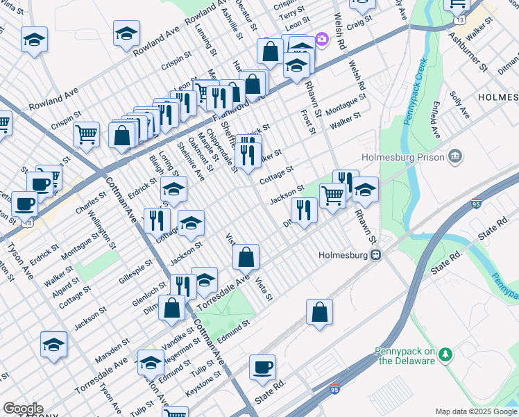 map of restaurants, bars, coffee shops, grocery stores, and more near 4504 Sheffield Avenue in Philadelphia