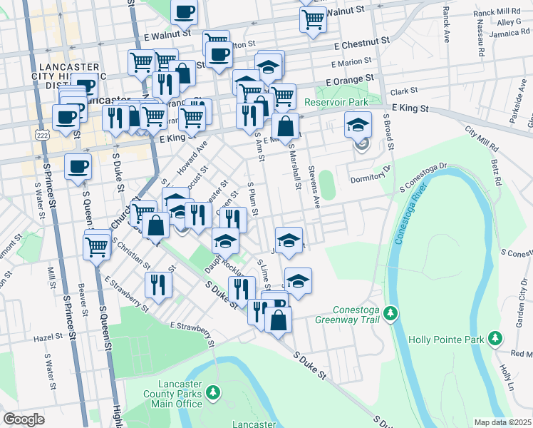 map of restaurants, bars, coffee shops, grocery stores, and more near 248 South Ann Street in Lancaster