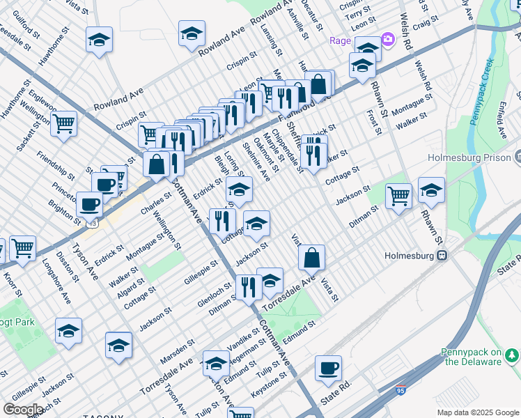 map of restaurants, bars, coffee shops, grocery stores, and more near 4338 Loring Street in Philadelphia