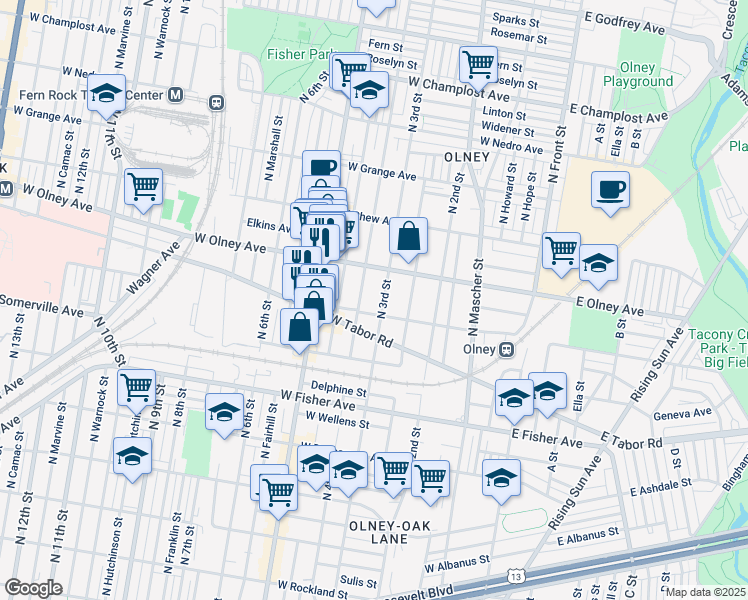 map of restaurants, bars, coffee shops, grocery stores, and more near 5516 North 3rd Street in Philadelphia
