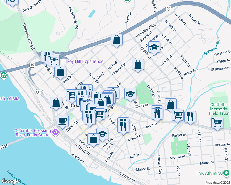 map of restaurants, bars, coffee shops, grocery stores, and more near 530 Walnut Street in Columbia
