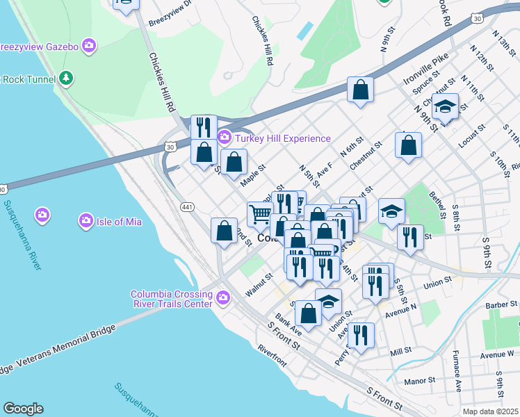 map of restaurants, bars, coffee shops, grocery stores, and more near 259 North 3rd Street in Columbia