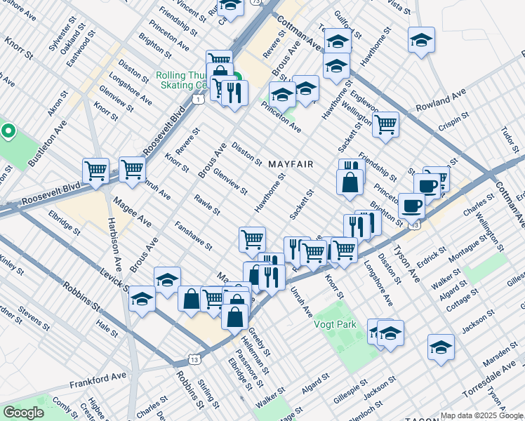map of restaurants, bars, coffee shops, grocery stores, and more near 3104 Glenview Street in Philadelphia