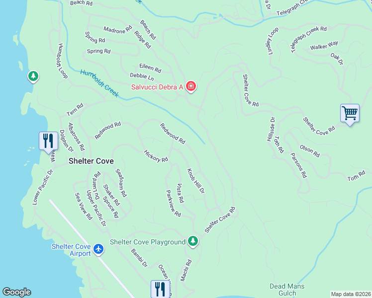 map of restaurants, bars, coffee shops, grocery stores, and more near 410 Redwood Road in Whitethorn