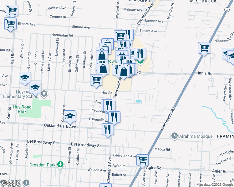 map of restaurants, bars, coffee shops, grocery stores, and more near 3322 Cleveland Avenue in Columbus