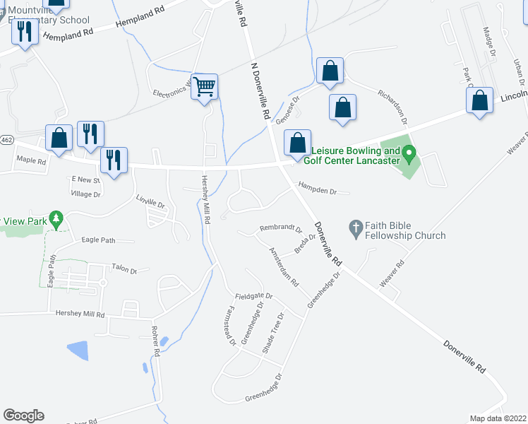 map of restaurants, bars, coffee shops, grocery stores, and more near 143 Hampden Drive in Mountville