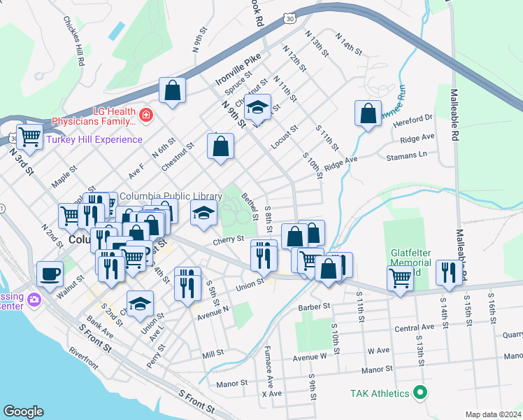 map of restaurants, bars, coffee shops, grocery stores, and more near 128 South 8th Street in Columbia