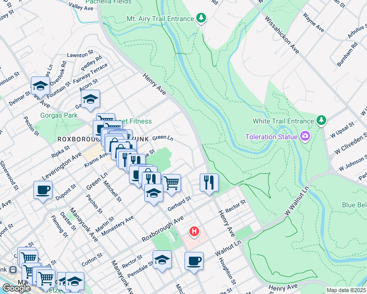 map of restaurants, bars, coffee shops, grocery stores, and more near 644 Green Lane in Philadelphia