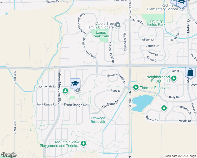 map of restaurants, bars, coffee shops, grocery stores, and more near 2281 Cottonwood Place in Erie