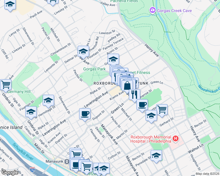 map of restaurants, bars, coffee shops, grocery stores, and more near 452 Leverington Avenue in Philadelphia