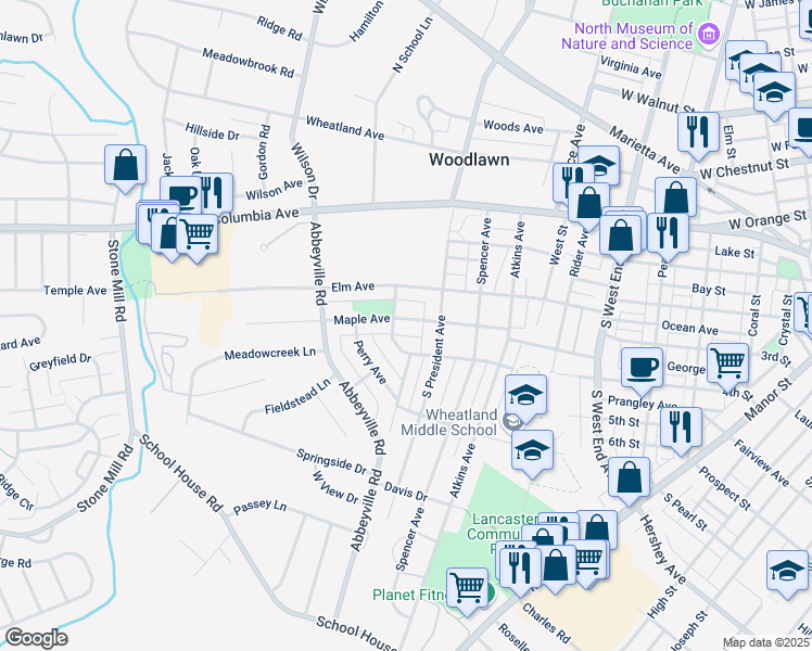 map of restaurants, bars, coffee shops, grocery stores, and more near 1188 Maple Avenue in Lancaster