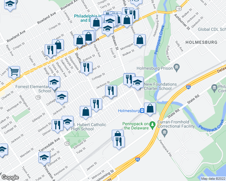 map of restaurants, bars, coffee shops, grocery stores, and more near Ditman St & Hartel Ave in Philadelphia