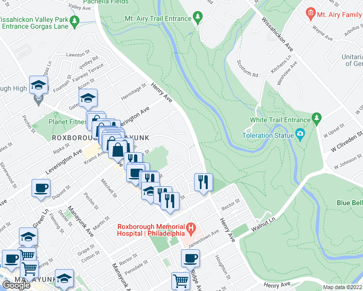 map of restaurants, bars, coffee shops, grocery stores, and more near 644 Green Lane in Philadelphia