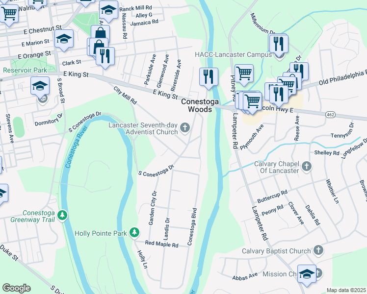 map of restaurants, bars, coffee shops, grocery stores, and more near 106 North Conestoga Drive in Lancaster