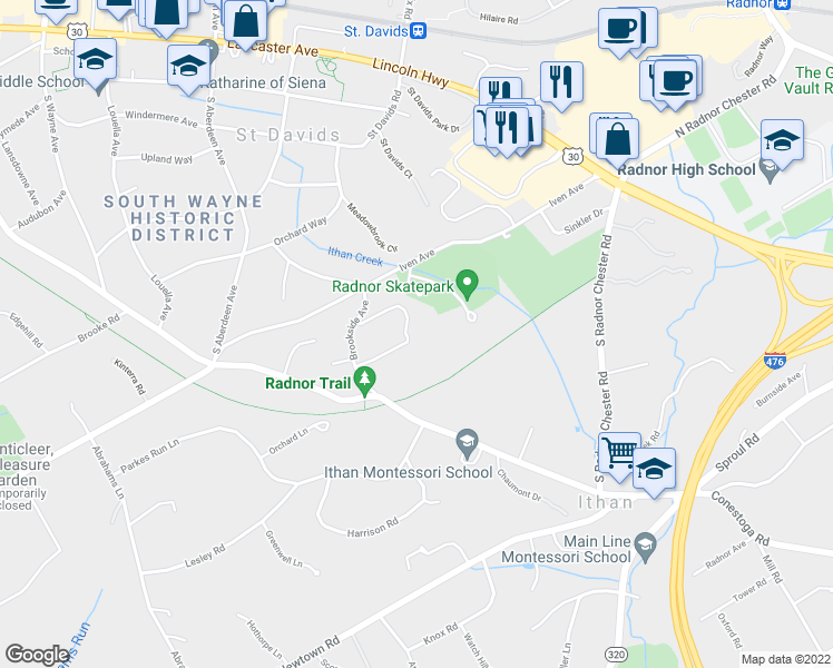 map of restaurants, bars, coffee shops, grocery stores, and more near 352 Harbison Road in Wayne