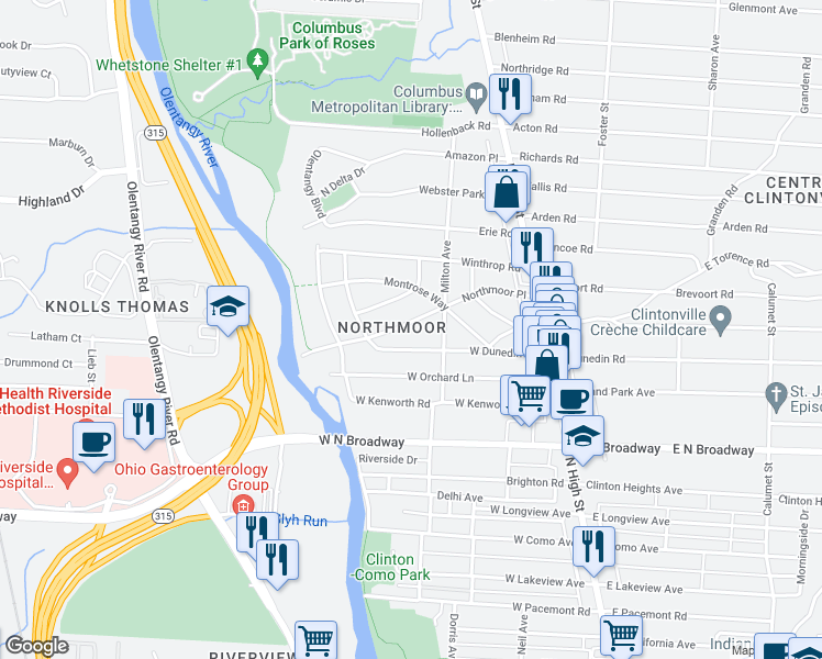 map of restaurants, bars, coffee shops, grocery stores, and more near 183 Northmoor Place in Columbus