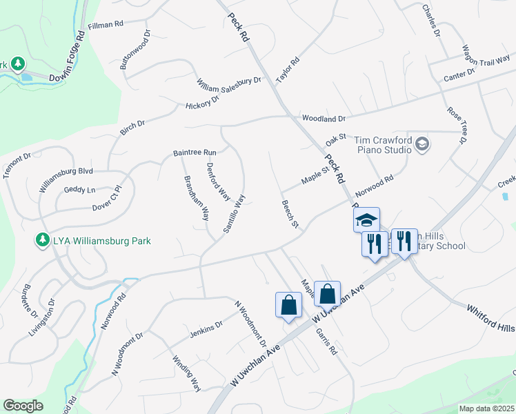map of restaurants, bars, coffee shops, grocery stores, and more near 304 Denford Way in Downingtown
