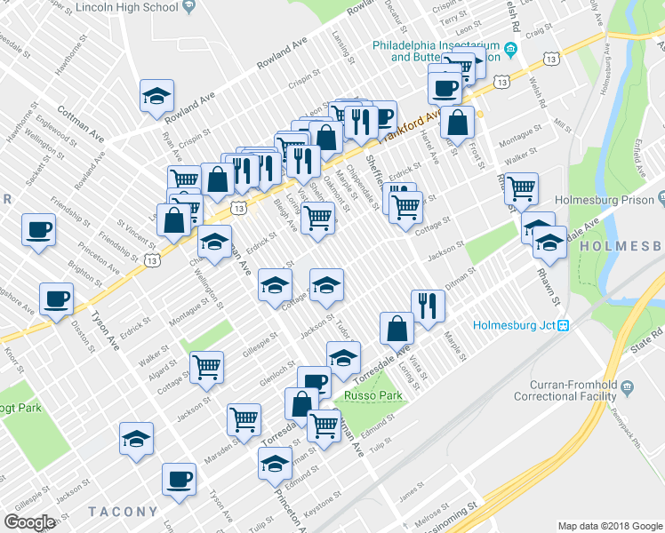map of restaurants, bars, coffee shops, grocery stores, and more near 4338 Loring Street in Philadelphia