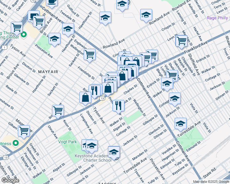map of restaurants, bars, coffee shops, grocery stores, and more near 7129 Frankford Avenue in Philadelphia