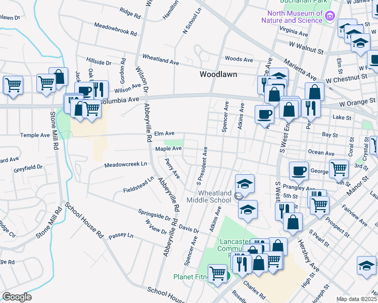 map of restaurants, bars, coffee shops, grocery stores, and more near 1188 Maple Avenue in Lancaster
