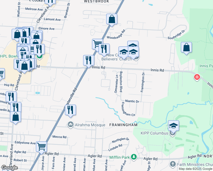 map of restaurants, bars, coffee shops, grocery stores, and more near 3188 Agape Drive in Columbus